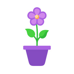 Stylized purple flower in a pot on black background, floral vector graphic