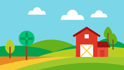 flat design farm landscape with barn windmill and field