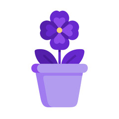 Stylized purple flower in a pot against a black background; flat vector illustration