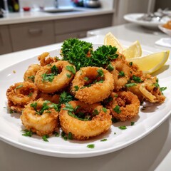 Lightly battered calamari fried to a golden brown, served with a side of lemon wedge.