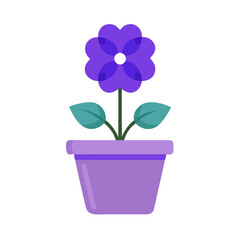 Flat illustration of a purple flower in a pot against a black background