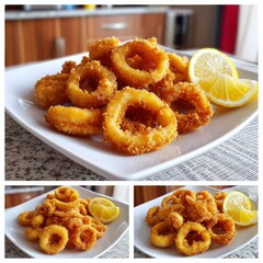 Plate of crispy calamari rings, deep-fried to perfection, served with lemon wedge.