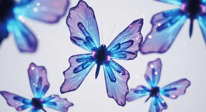 幻想的な青紫の蝶々群れ 柔らかな光輝く羽根 (Gensou teki ao-murasaki no chou chou mure yawarakana hikari kagayaku hane) Translation: Fantastic blue-purple butterfly swarm, soft light shining wings. AI Generated