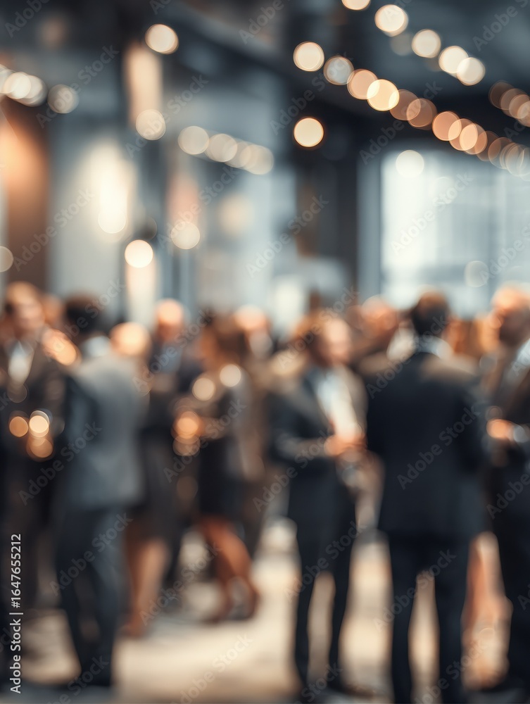 Poster a blurred networking event with business professionals in formal attire gathered in a modern office 