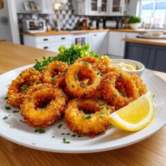 Golden-brown crispy fried calamari rings served with a fresh lemon wedge, captured in a cozy kitchen setting.
