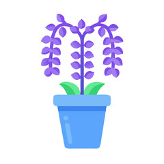 Stylized potted plant with purple flowers and blue pot on black background