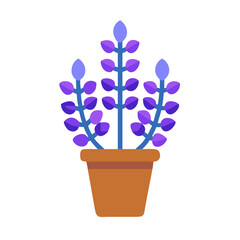 Stylized potted plant with purple leaves and blue stems on black background