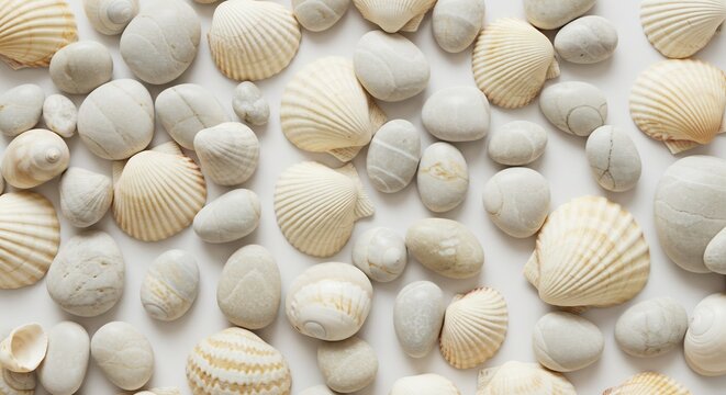 白砂浜 穏やか光 貝殻 小石 散らばる 美しい (Shirasunahama odayaka hikari kaigara koishi chirabaru utsukushii) Translation: White sand beach gentle light seashells pebbles scattered beautiful. AI Generated
