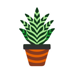 Flat illustration of a striped succulent in a pot against a black background