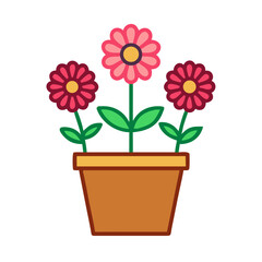 Three stylized flowers in a terracotta pot against a black background