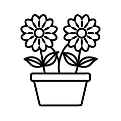 Two Simple Flowers in a Pot Outline Illustration on Black Background