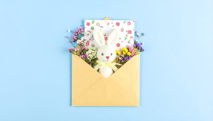 Pastel-toned Easter bunny in envelope with flowers