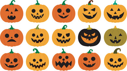 Collection of Fifteen Halloween Jack O Lanterns with Different Carved Faces