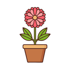 Stylized flower in pot with leaves, flat vector design, on black background