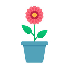Flat vector illustration of a pink daisy in a blue pot on black background