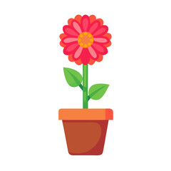 Vibrant flat illustration of a bright pink flower in a brown pot against black background