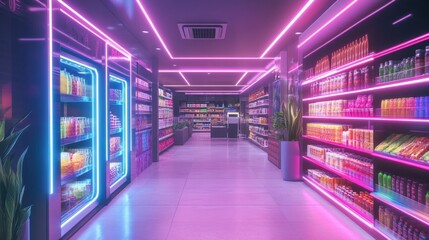 Obraz premium Neon Lit Convenience Store Interior at Night