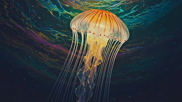Bioluminescent Jellyfish with Golden Tentacles Drifting in Abstract Deep-Sea Water, Symbolizing Marine Biodiversity and Eco-Technology.
