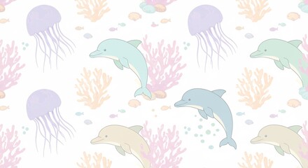Naklejka premium 穏やか海中 パステルイルカとクラゲ 優美な水彩画風. AI Generated