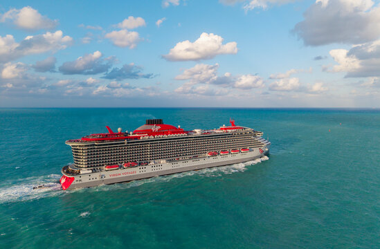 Miami, Florida, USA - March 28, 2025: Valiant lady cruise ship voyage. Cruise ship summer vacation. Virgin Voyages and Bain Capital. Cruise ship tour. Travel agency tour. Ocean voyage