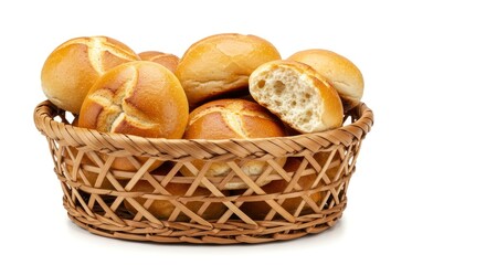 A woven basket filled with round crusty rolls One is sliced open revealing a porous interior