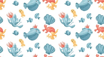 Naklejka premium 愛らしい海の生き物 水彩画 パターンダイヤモンド 鮮やか色彩. AI Generated