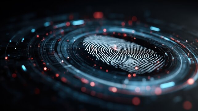 macro biometrical scanner processing finger print identifying user access futuristic hightech protection interface analysing fingerprint verifying personal login modern security digital concept  no l