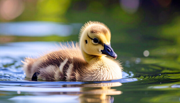 Canadian gosling swimming in a pond. AI