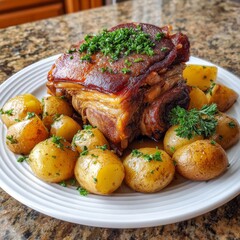 Tender braised pork knuckle with golden brown skin, served alongside potatoes for a hearty homemade meal.