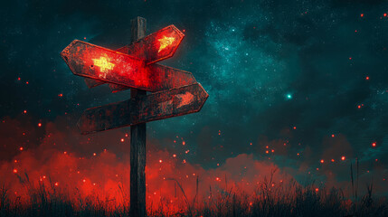 Weathered wooden signpost with glowing mystical arrows directs through otherworldly night, featuring vibrant red, ember-filled landscape and deep, star-studded teal sky.