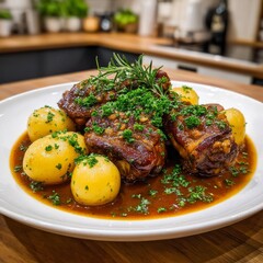 Slow-braised pork knuckle with crispy golden skin and soft meat, paired with seasoned potatoes.