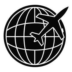 The image depicts an airplane and compass icons navigating a flight path across a globe, symbolizing world travel and air direction