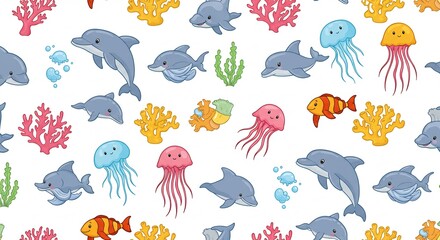 Naklejka premium 元気なイルカとクラゲ 海中模様 鮮やか色彩. AI Generated