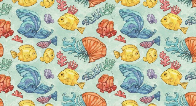 鮮やか色彩 海中魚 水彩画模様 穏やか光 (Azayaka shikisai kaichuuo suisai ga moyo odayaka hikari) Translation: Vivid color ocean fish watercolor pattern gentle light. AI Generated