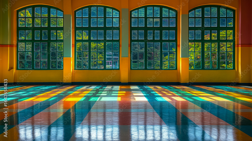Poster sunlight streams through large arched windows into brightly colored room, creating dynamic, multicol
