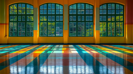 Sunlight streams through large arched windows into brightly colored room, creating dynamic, multicolored patterns across reflective floor, connecting indoors with nature's green.