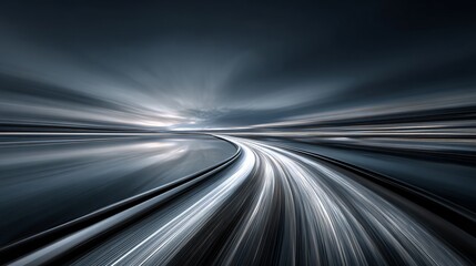 An abstract, long-exposure view of speeding tracks disappearing into the horizon