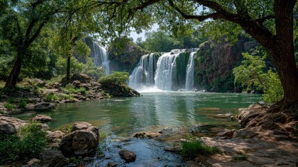 Obraz premium Lush waterfall cascading into a tranquil pool, framed by green trees