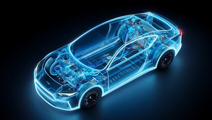 Transparent Electric Vehicle Blueprint with Glowing Components