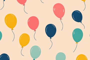 Seamless pattern of pencil lines and colorful balloons on light peach background, minimal flat design with playful bright colors, high-resolution detailed texture