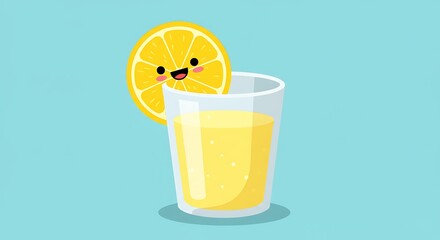 Cartoon lemon slice with glass of juice illustration on cyan background