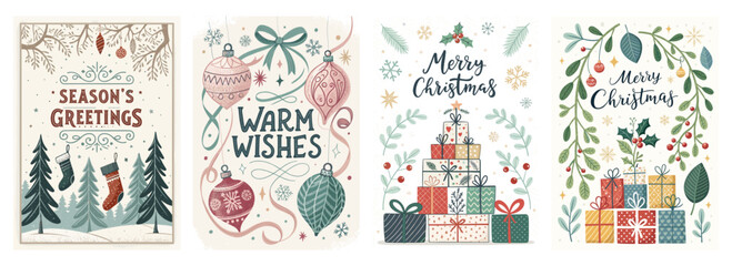 Four festive holiday cards featuring seasonal greetings, ornaments, stockings, and gift boxes.