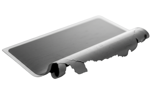 Distressed rectangular matte vinyl decal with curled, lifted edges, scuffed, on smooth transparent surface, soft diffused lighting casting shadows, concept of material decay and imperfection