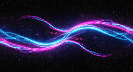 Abstract Neon Light Waves Intertwining with Glowing Particles on a Dark Background – Digital Energy Flow