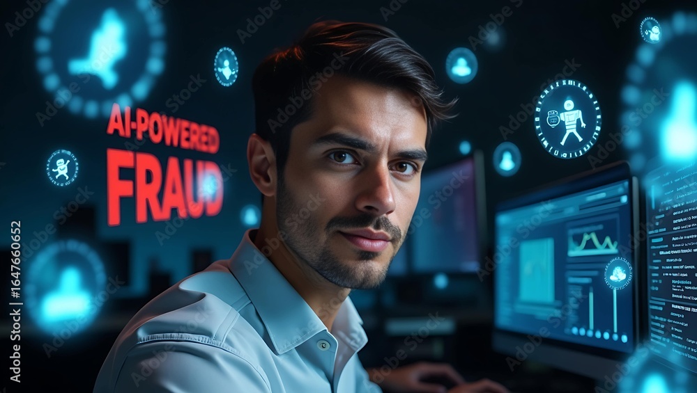 Poster a focused young man analyzing digital data on multiple screens in a dark, tech-driven environment, h