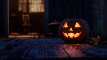 Obraz premium 夜に灯るジャックオーランタンのかぼちゃランタン/Glowing Jack-o'-Lanterns with Candles at Night