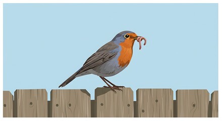 Robin perched on fence with worm illustration in simple and flat color