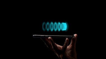 Hand holding a smartphone displaying a glowing digital code hologram