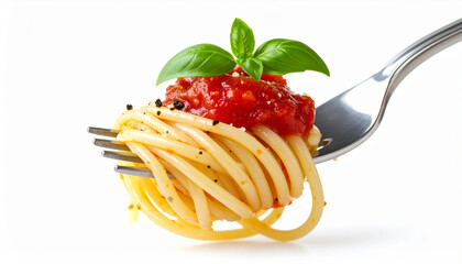 spaghetti with bolognese sauce and on fork isolated on white background. italian food