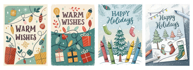 Festive holiday cards featuring colorful designs with gifts, decorations, and cheerful messages.